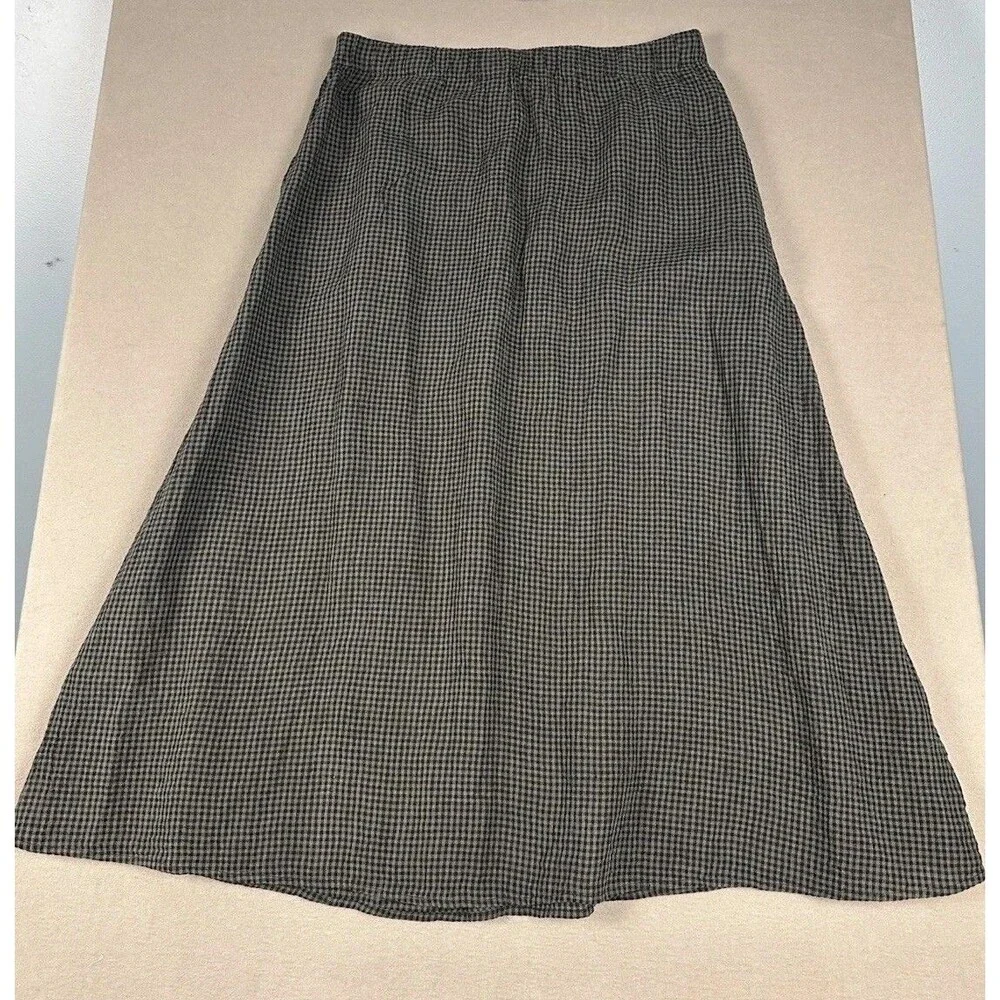Eileen Fisher Organic Linen Gingham Check Pocket Skirt Sz M Lagenlook Layering